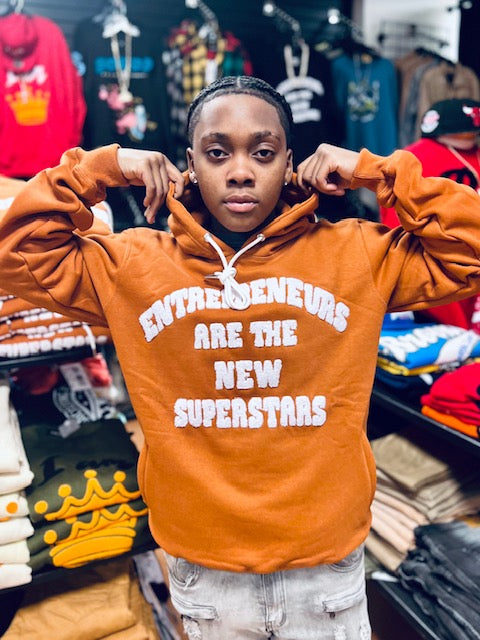 “Entrepreneurs Are The New Superstars” Chenille Print Mocha Hoodie with Side Zip Pockets