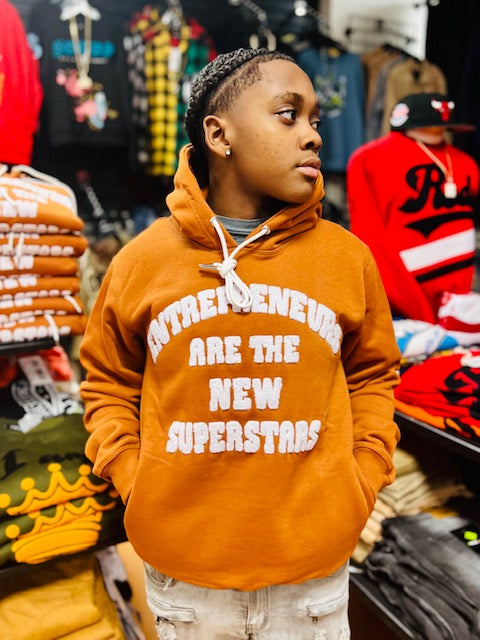“Entrepreneurs Are The New Superstars” Chenille Print Mocha Hoodie with Side Zip Pockets