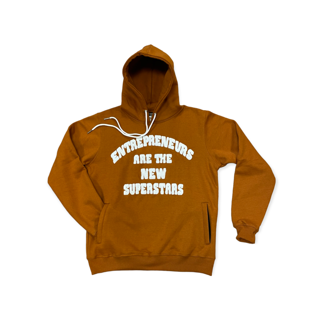 “Entrepreneurs Are The New Superstars” Chenille Print Mocha Hoodie with Side Zip Pockets