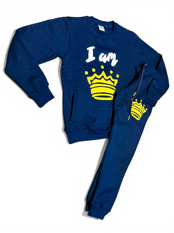 “I AM 👑” Crown Men’s Sweatsuit – Navy Edition (Crewneck + Joggers)