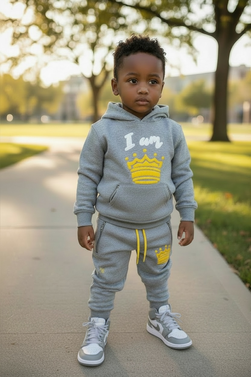 "I am 👑" Kids Set (Hoodie + Joggers) Grey