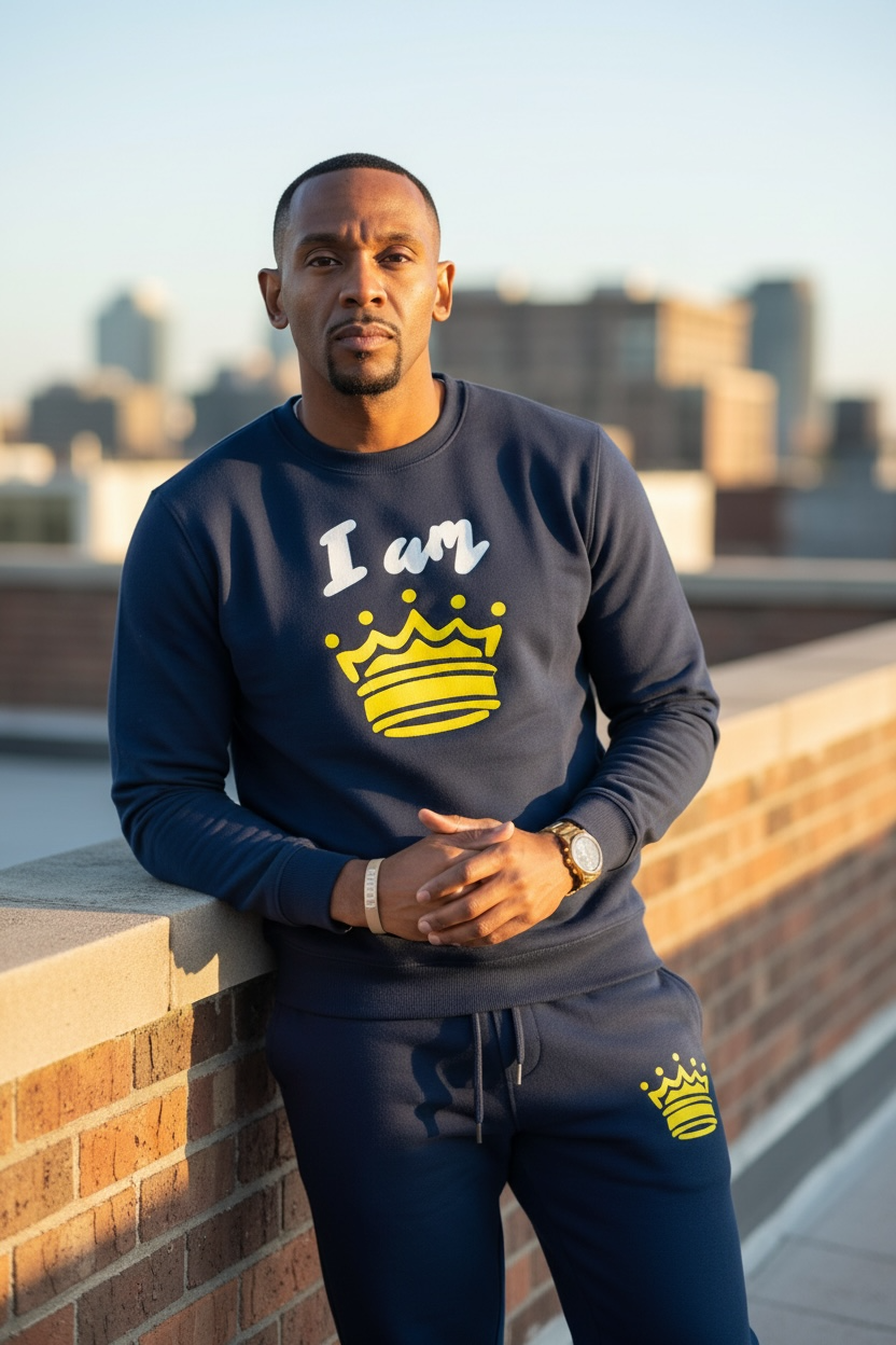 “I AM 👑” Crown Men’s Sweatsuit – Navy Edition (Crewneck + Joggers)