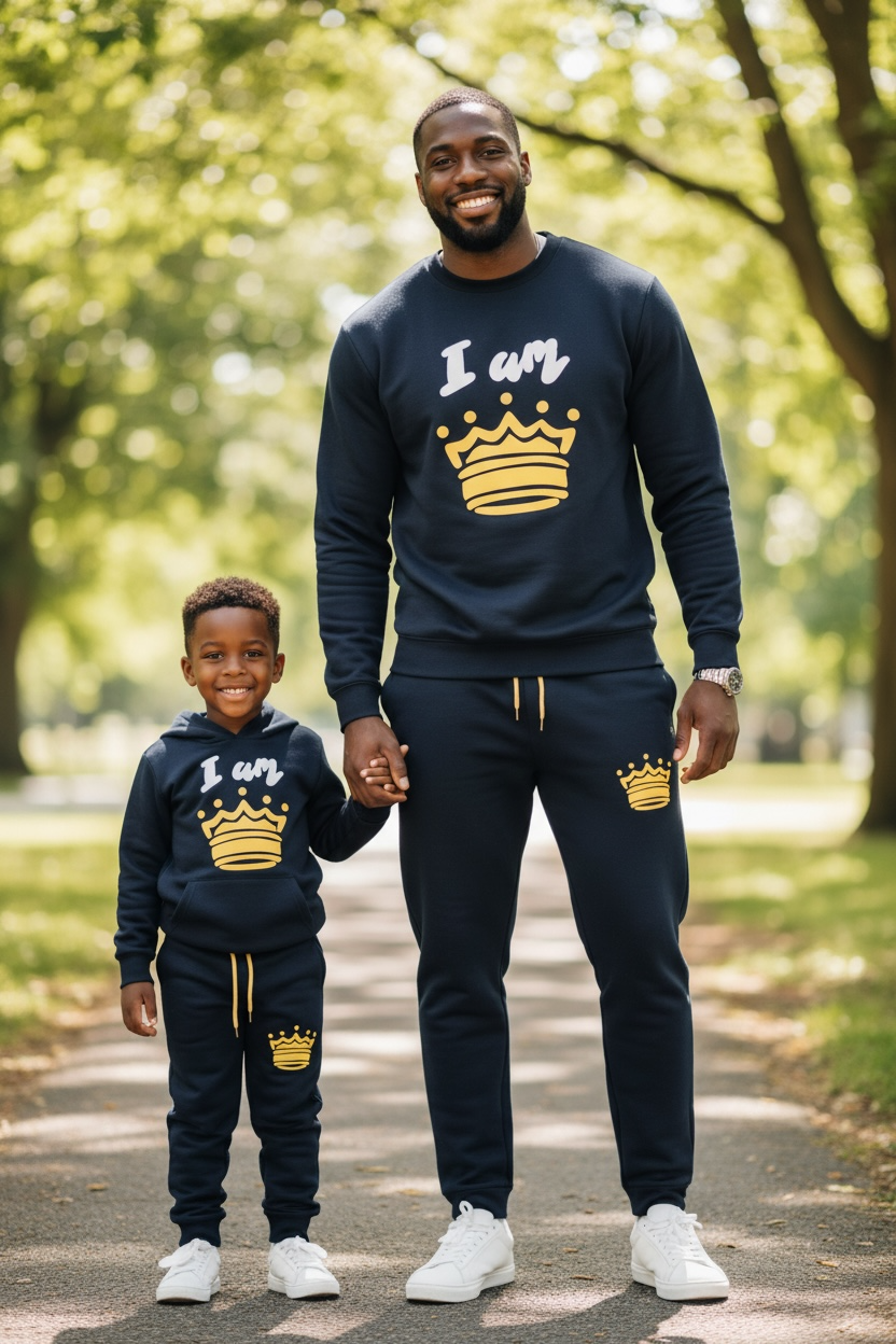 “I AM 👑” Crown Men’s Sweatsuit – Navy Edition (Crewneck + Joggers)